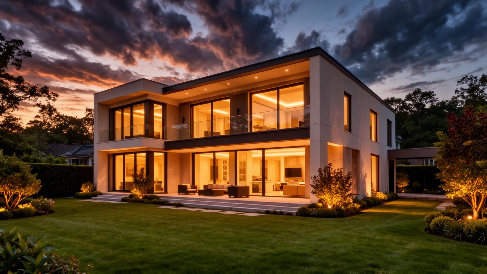 Modern managed home at dusk